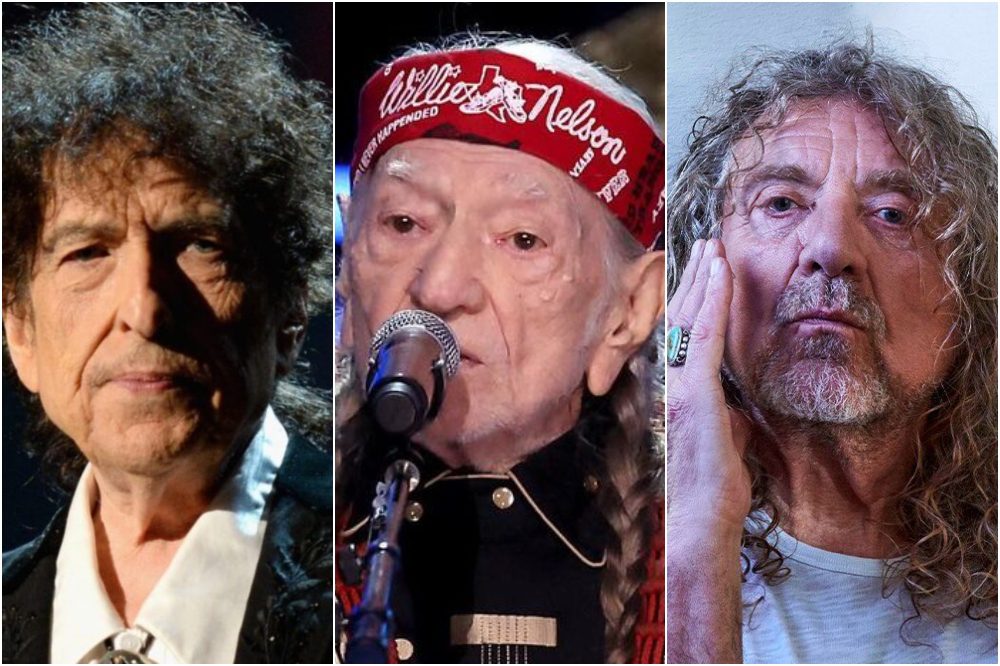 Bob Dylan (esq.), Willie Nelson (centro) e Robert Plant farão show no Outlaw Music Festival 2024 | Divulgação