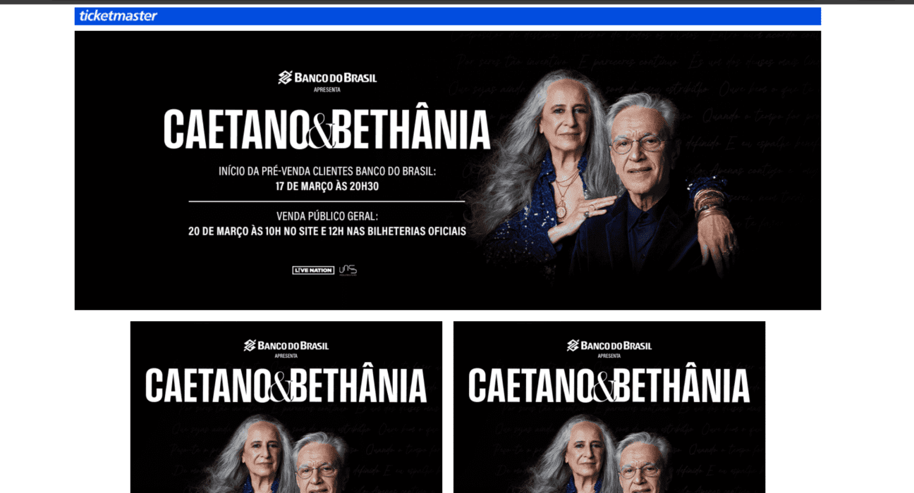 Site fraudulento com o endereço caetanoebethania-ticketmaster.com tenta aplicar golpe em fãs de Caetano Veloso e Maria Bethânia | Reprodução