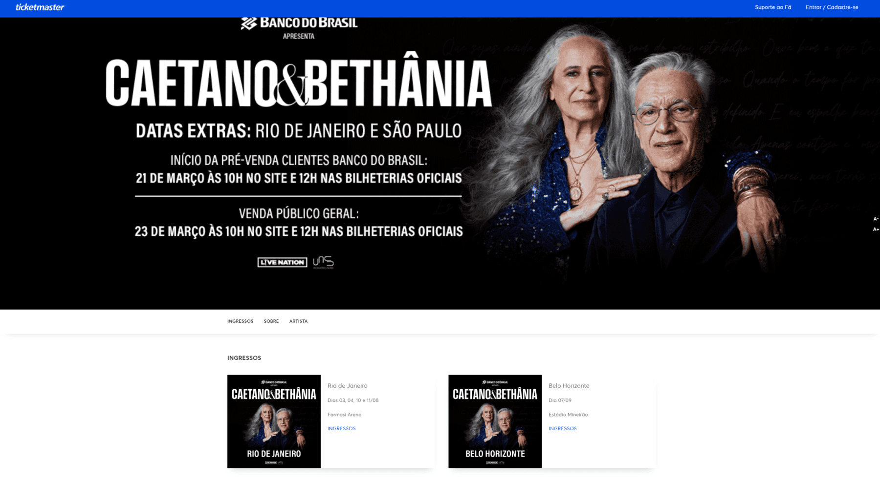 Site da Ticketmaster, bilheteria online oficial da turnê de Caetano Veloso e Maria Bethânia | Reprodução