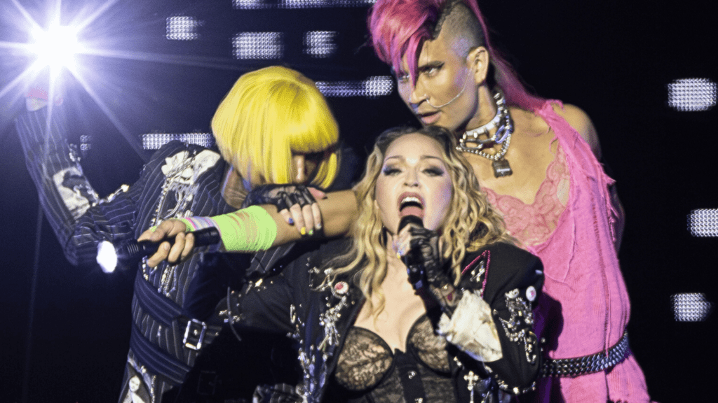 Madonna (centro) em show de encerramento da 'Celebration Tour' na praia de Copacabana, no Rio | Marcos Hermes - 4.mai.2024/Divulgação