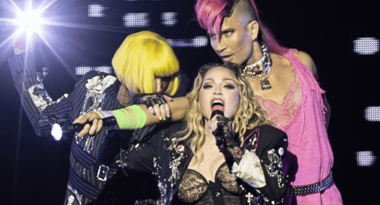 Madonna (centro) em show de encerramento da 'Celebration Tour' na praia de Copacabana, no Rio | Marcos Hermes - 4.mai.2024/Divulgação
