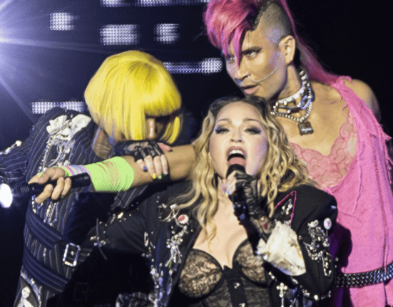 Madonna (centro) em show de encerramento da 'Celebration Tour' na praia de Copacabana, no Rio | Marcos Hermes - 4.mai.2024/Divulgação