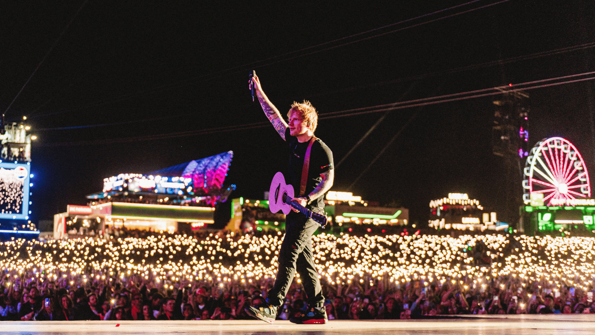 Cantor britânico Ed Sheeran em show no palco Mundo do Rock in Rio Lisboa, realizado no parque Tejo, na capital portuguesa | Helena Yoshioka - 16.jun.2024/Divulgação