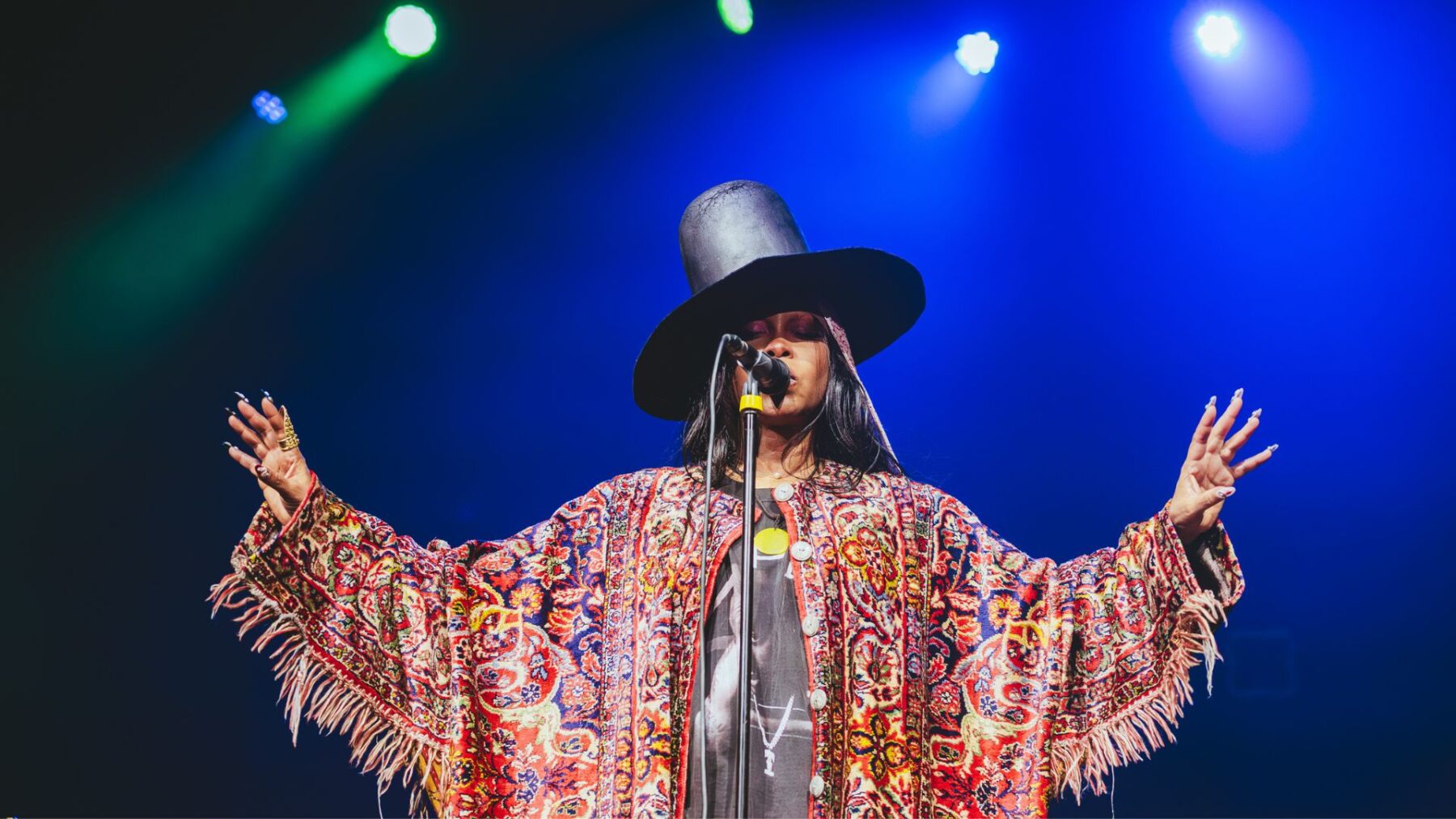 Cantora americana Erykah Badu em show no Espaço Unimed, em São Paulo | Rafael Strabelli - 6.nov.2024/Divulgação