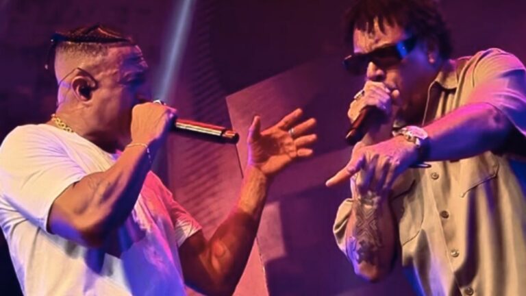 Mano Brown (esq.) e Dexter em show do Racionais MC's na quarta edição da Boogie Week, no Espaço Unimed, em São Paulo | 22.nov.2024/Reprodução