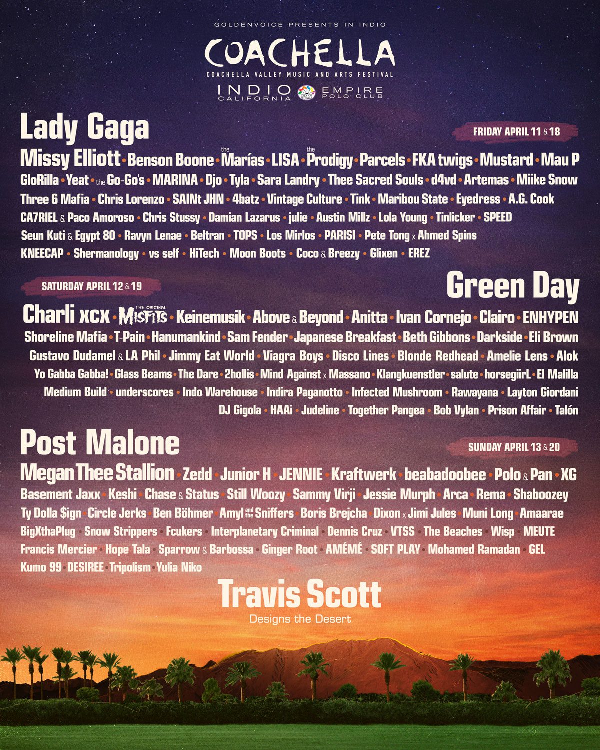 Cartaz do festival Coachella com nomes como Lady Gaga Anitta, Alok Vintage Culture, Green Day, Coachella 2025, festival de música, Post Malone, Travis Scott