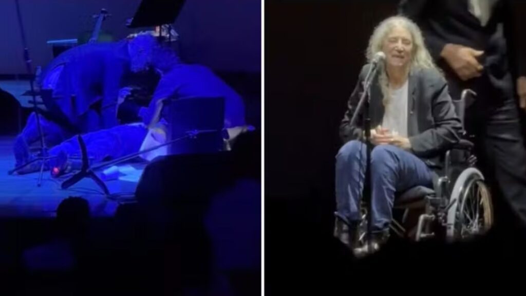 À esquerda, Patti Smith é acudida no palco do Teatro Cultura Artística, em SP; à direita, ela volta com cadeira de rodas | 29.jan.2025/Reprodução