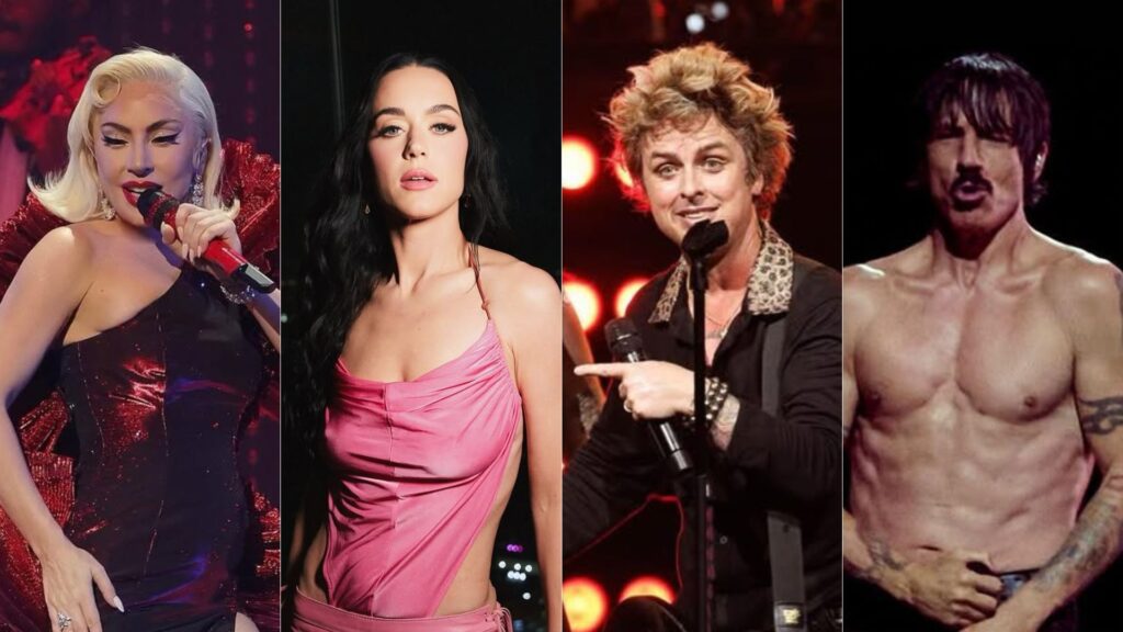 Da esq. p/ dir.: Lady Gaga, Katy Perry, Billie Joe Armstrong, do Green Day, e Anthony Kiedis, do Red Hot Chili Peppers | Divulgação