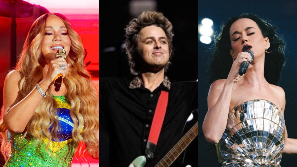 Mariah Carey (esq.) no Rock in Rio 2024; Billie Joe Armstrong (centro), do Green Day, em show nos EUA; Katy Perry no Rock in Rio 2024 | Divulgação