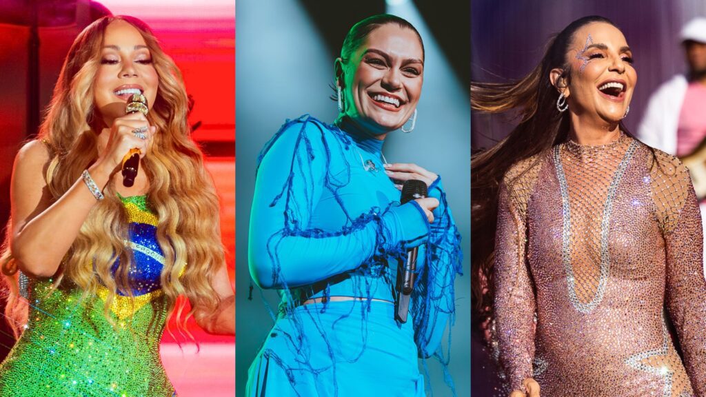 Mariah Carey (esq.) no Rock in Rio 2024; Jessie J no Espaço Unimed, em SP; Ivete Sangalo no Rock in Rio Lisboa 2024 | Divulgação